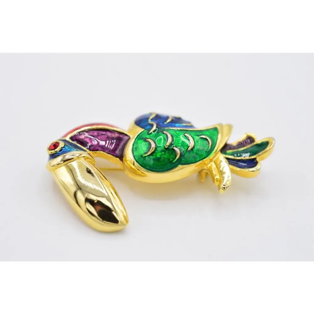 Vintage Toucan Pin Brooch Gold Bird Multi-Color Enamel Red Rhinestone 1980s 9B